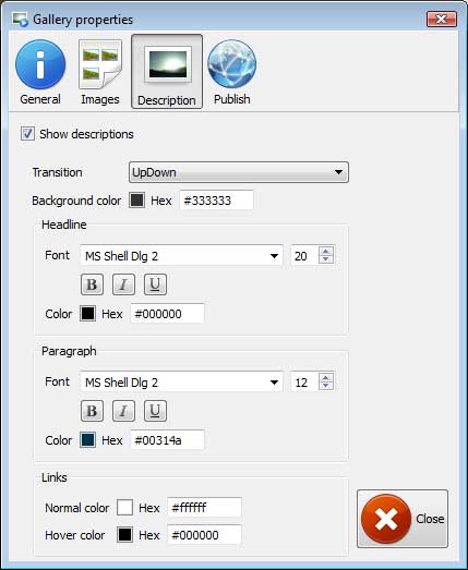 Description window : Embeded Flash Slideshow Generator